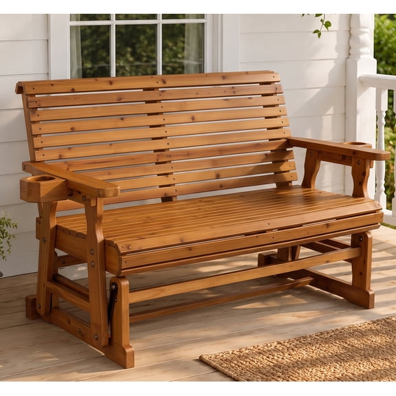 Fortune Candy Outdoor Wood Glider with High Roll Back and Cup Holders, Heavy Duty 800 lbs
