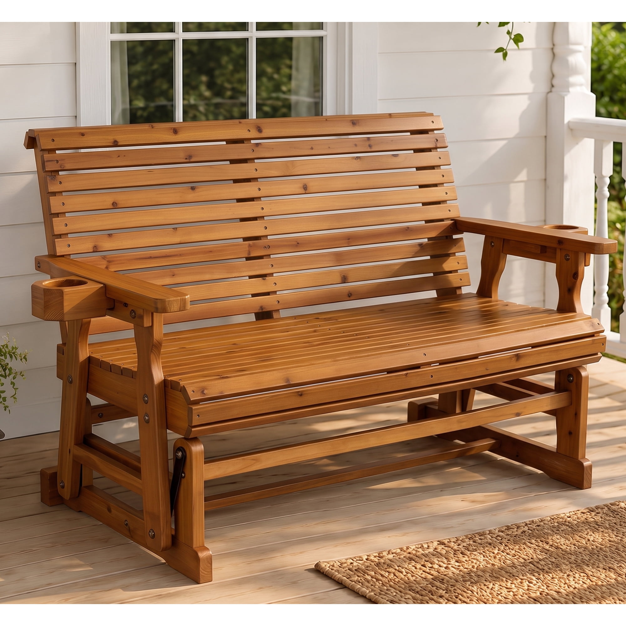 Fortune Candy Outdoor Wood Glider with High Roll Back and Cup Holders, Heavy Duty 800 lbs