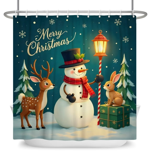 Mizhona Merry Christmas Shower Curtain with Snowman Snowflakes Xmas Tree for Bathroom Holiday Winter Waterproof with Hooks 72"X72"