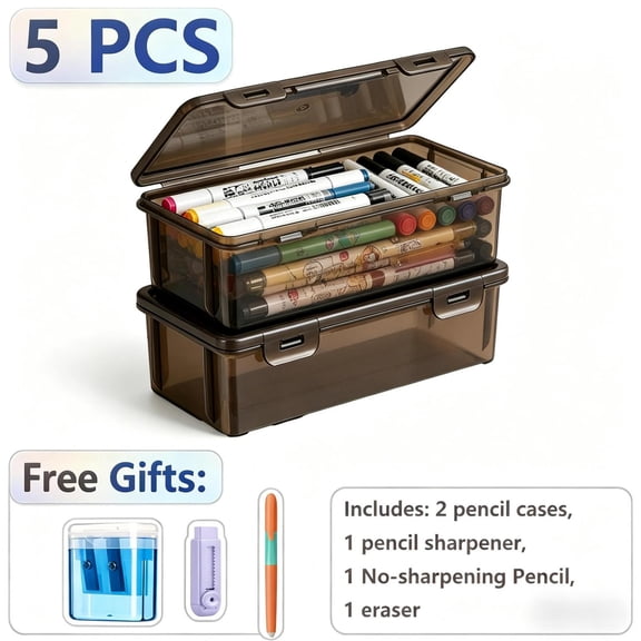 Extra Large Capacity Stackable Clear Plastic Pencil Box, 5 Pcs Portable Pencil Case Storage Organizer with Snap-Tight Lid for Office, Home & Art Supplies