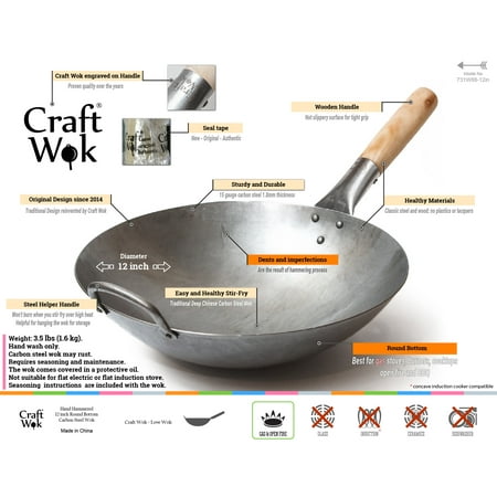 Craft Wok Size  12 inch Hand Hammered Carbon Steel Wok with Round Bottom / 731W88-12in