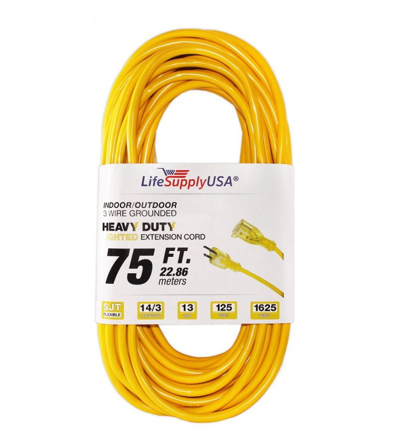 14/3 25ft SJTW 13A 125V 1625W Lighted End Black Heavy Extension Cord 25 Feet 