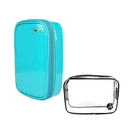 JAVOedge (2 PCS SET) Blue Bold Colored Double Zipper Cosmetic Travel Bag with Handle + Clear PVC Cosmetic / Toiletry Bag