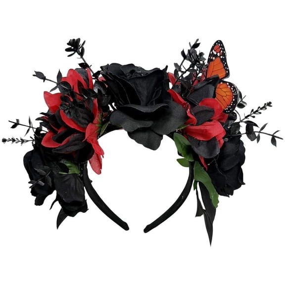 Slccxzc Gothic Rose Flower Crown Headband Butterfly Hair Wreath for Halloween Day of the Dead