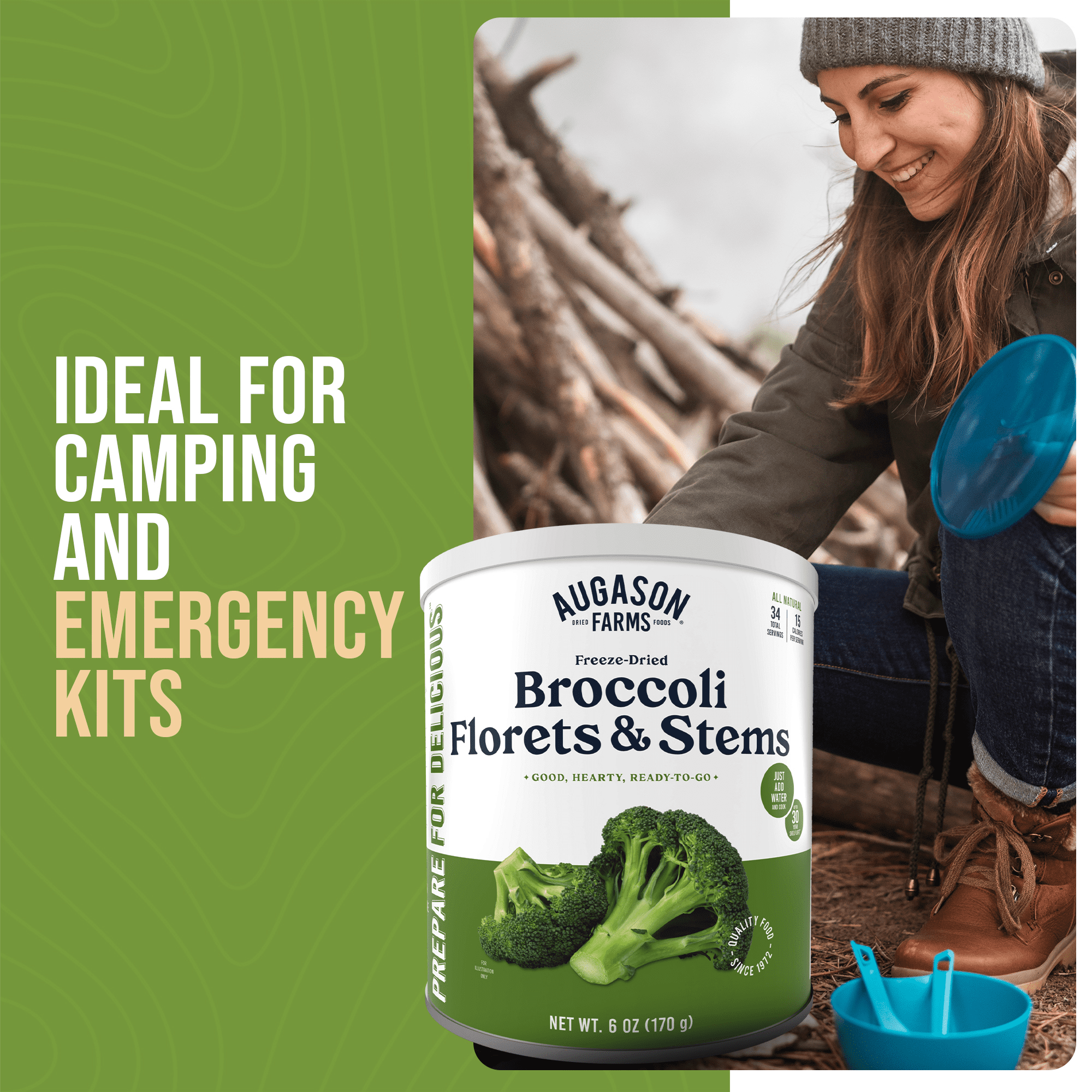 Augason Farms Freeze Dried Broccoli Florets and Stems Can, Emergency Food Supply, Everyday Meals, 34 Servings