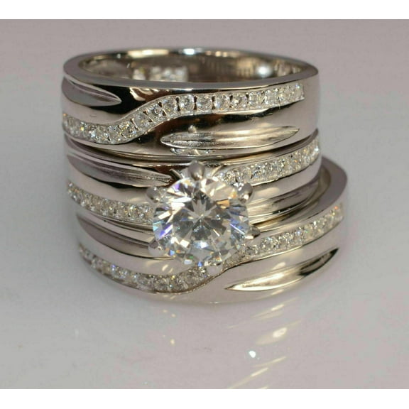 TAAPSEE JEWELS His & Her Women's Wedding Trio Ring Band Set Cubic Zirconia 14K White Gold Plated