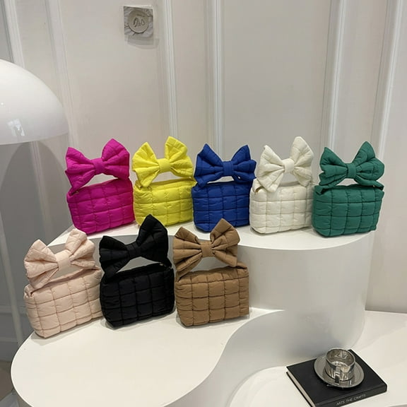 Pleated Bow Crossbody Handbag for Women | Solid Color Shoulder Bag, Soft Polyester, Extra Large Capacity, Lightweight, Fashionable, Black Pink Blue Green Yellow, 8.27x5.12x2.76 in, Comfortable Handle