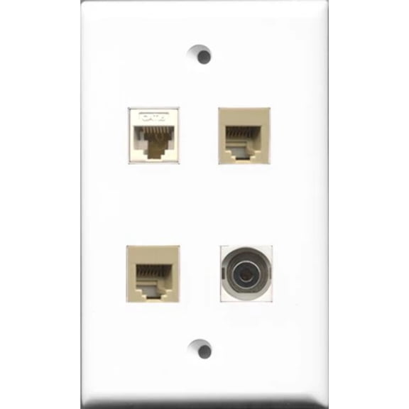RiteAV - 2 Port Phone RJ11 RJ12 Beige and 1 Port 3.5mm and 1 Port Cat6 Ethernet White Wall Plate