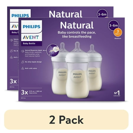 (2 pack) Philips Avent Natural Baby Bottles with Natural Response Nipples (Medium Flow, Flow 3), 9oz, 3-Pack, SCY903/93