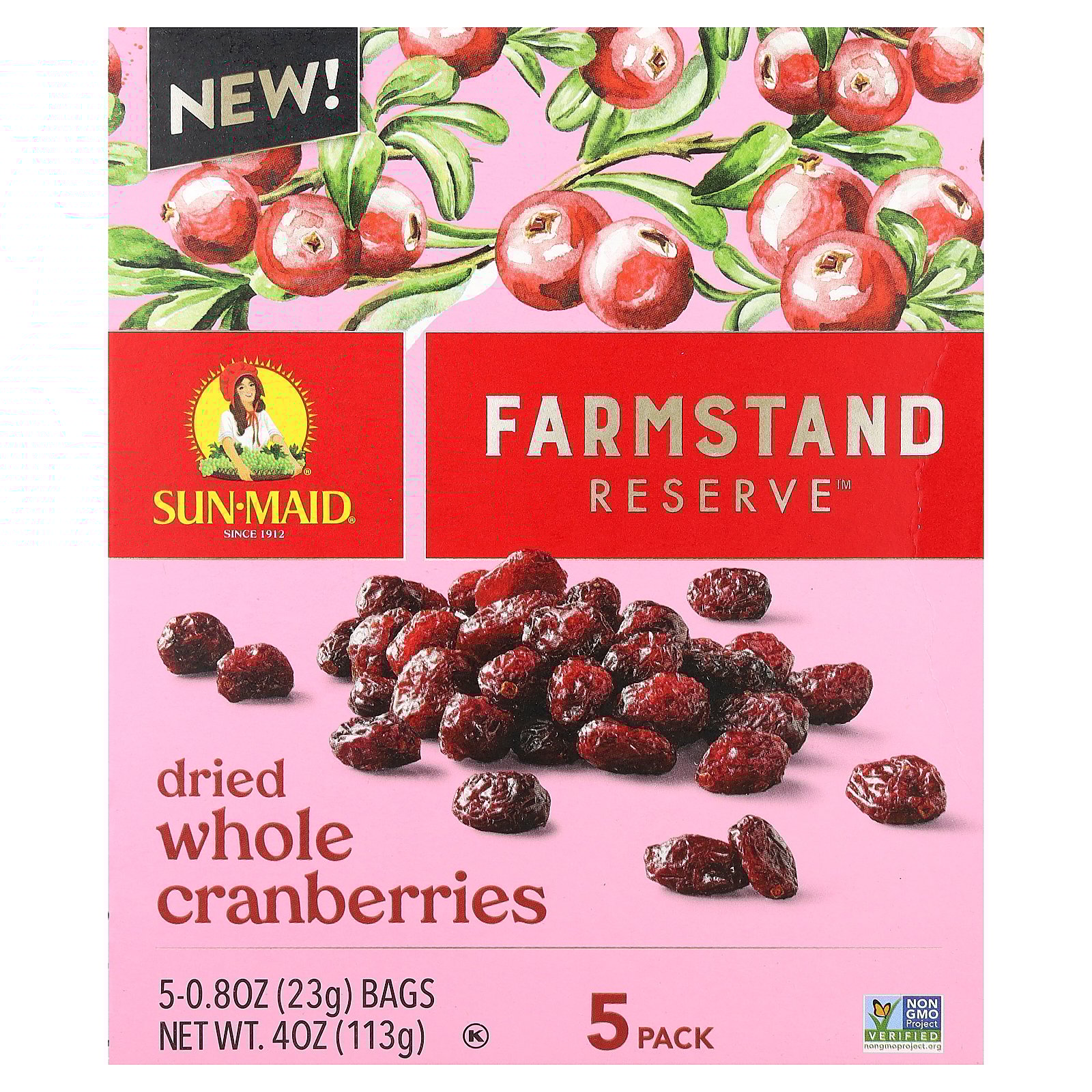 Sun-Maid Farmstand Reserve™, Dried Whole Cranberries, 5 Packs, 0.8 oz (23 g) Each