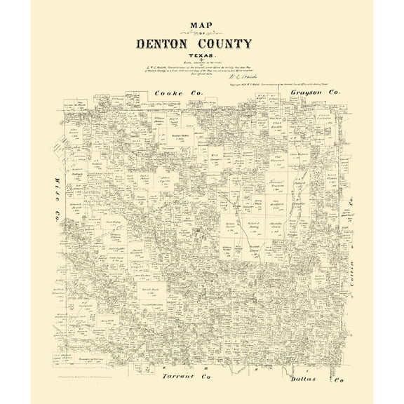 Historic County Map - Denton County Texas - Walsh 1879 - Vintage Wall Art
