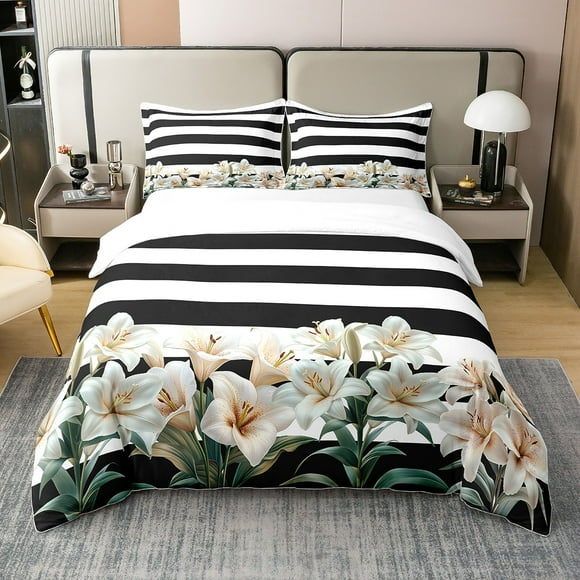 Erosebridal White Floral 100% Cotton Comforter Cover Twin, Garden Flower Bedding Twin Size, Black and White Stripe Room Decorative Breathable 2-Piece (No Comforter)