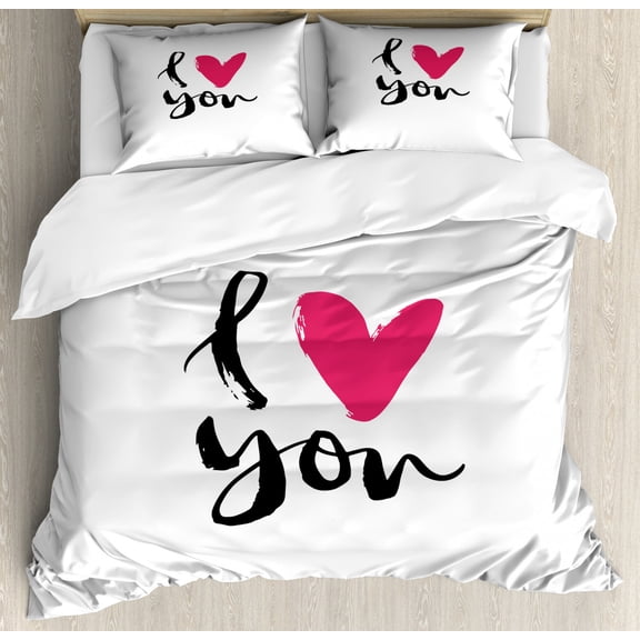 Love King Size Duvet Cover Set, Hand Drawn Design Happy Valentines Day Calligraphy Art Handwriting Romantic, Decorative 3 Piece Bedding Set with 2 Pillow Shams, Black Hot Pink White, by Ambesonne