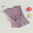 thumbnail image 3 of Toddler Baby Girl Clothes Rompers Ribbed Ruffle Sleeveless Button Belted Romper Short Jumpsuit Summer Outfit Brick Red 12-18 Months, 3 of 7