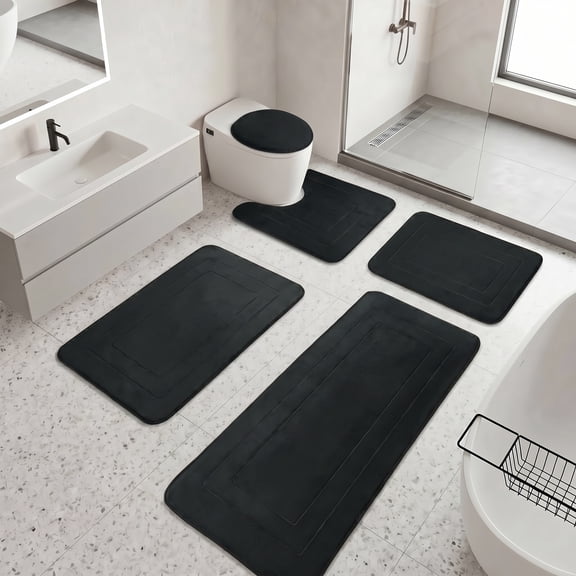 Ivalue Bathroom Rugs Sets 5 Piece Absorbent Bath Mat Non-Slip Bath Rug Set with Bathroom Runner, U-Shaped Toilet Rugs, Shower Rug & Toilet Lid Cover (Black)