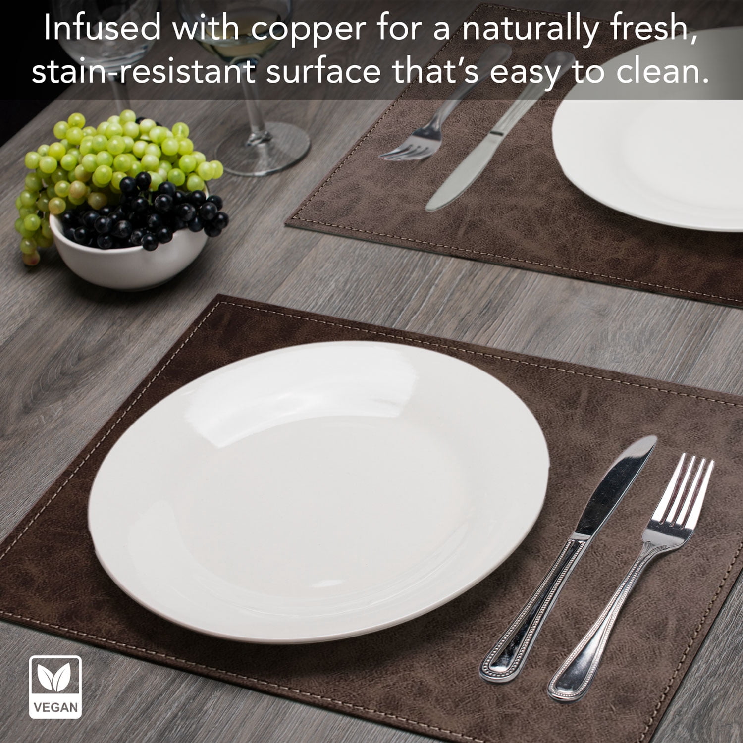Luxurious Cloves Vegan Leather Placemats 4 Pack Look and Feel of Genuine Leather Infused with Copper