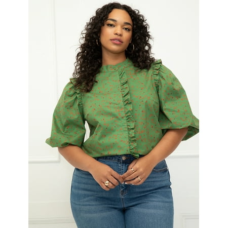 ELOQUII Elements Women's Plus Size Puff Sleeve Shirt With Ruffles