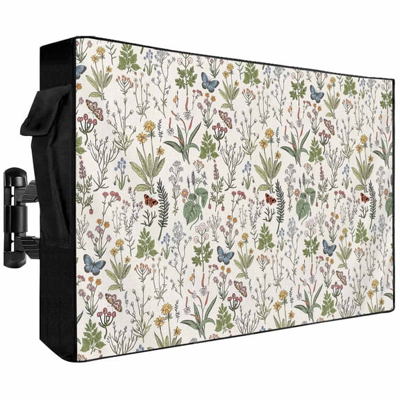 Outdoor TV Cover 58x37x4.5in, Farm Wildflower Herb Butterfly Weatherproof TV Screen Protector with Zipper, Abstract Floral Leaves Outside Television Cover Fits Up to 60-65"