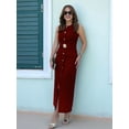 thumbnail image 3 of Women 2025 Business Formal Long Dress Sleeveless Button Down Elegant Office Outfits with Belt Wine Red M, 3 of 5