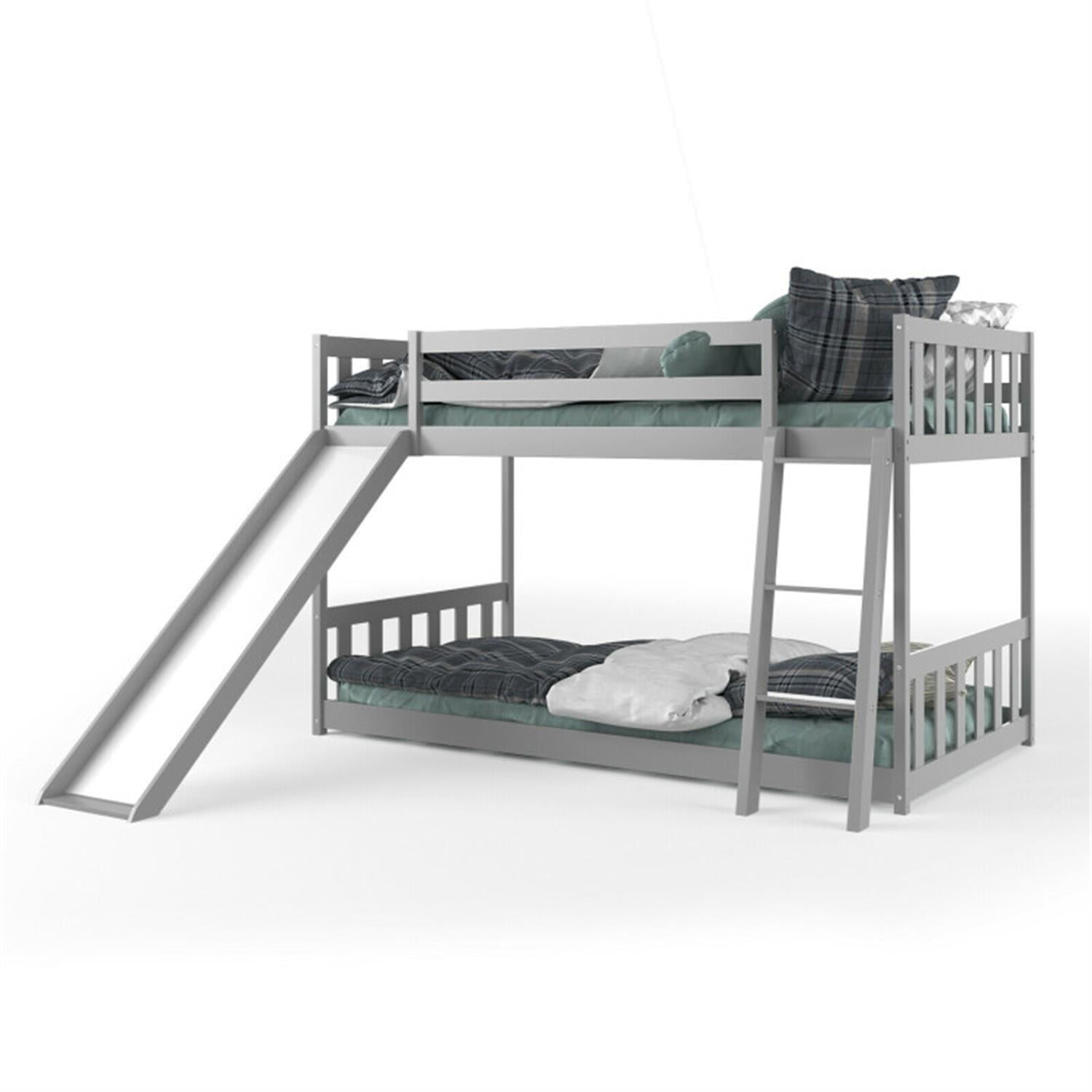 Demi Bonn Twin Over Twin Bunk Bed with High Guardrails and Slide Ladder, Twin Bunk Solid Wood Low Beds, Bed Frame, Gray