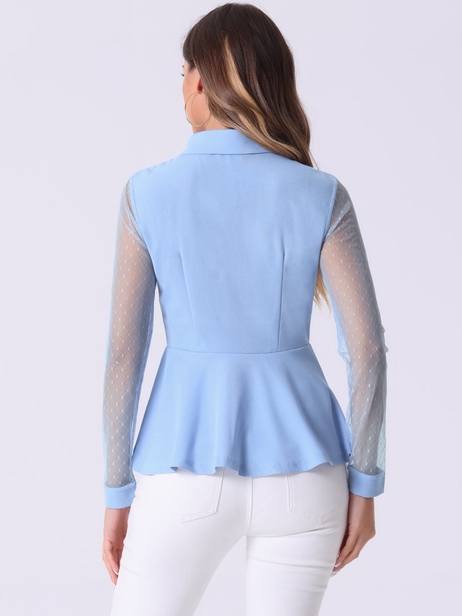 DARING DIVA Mesh Sheer Keyhole Peplum Top S Light Blue