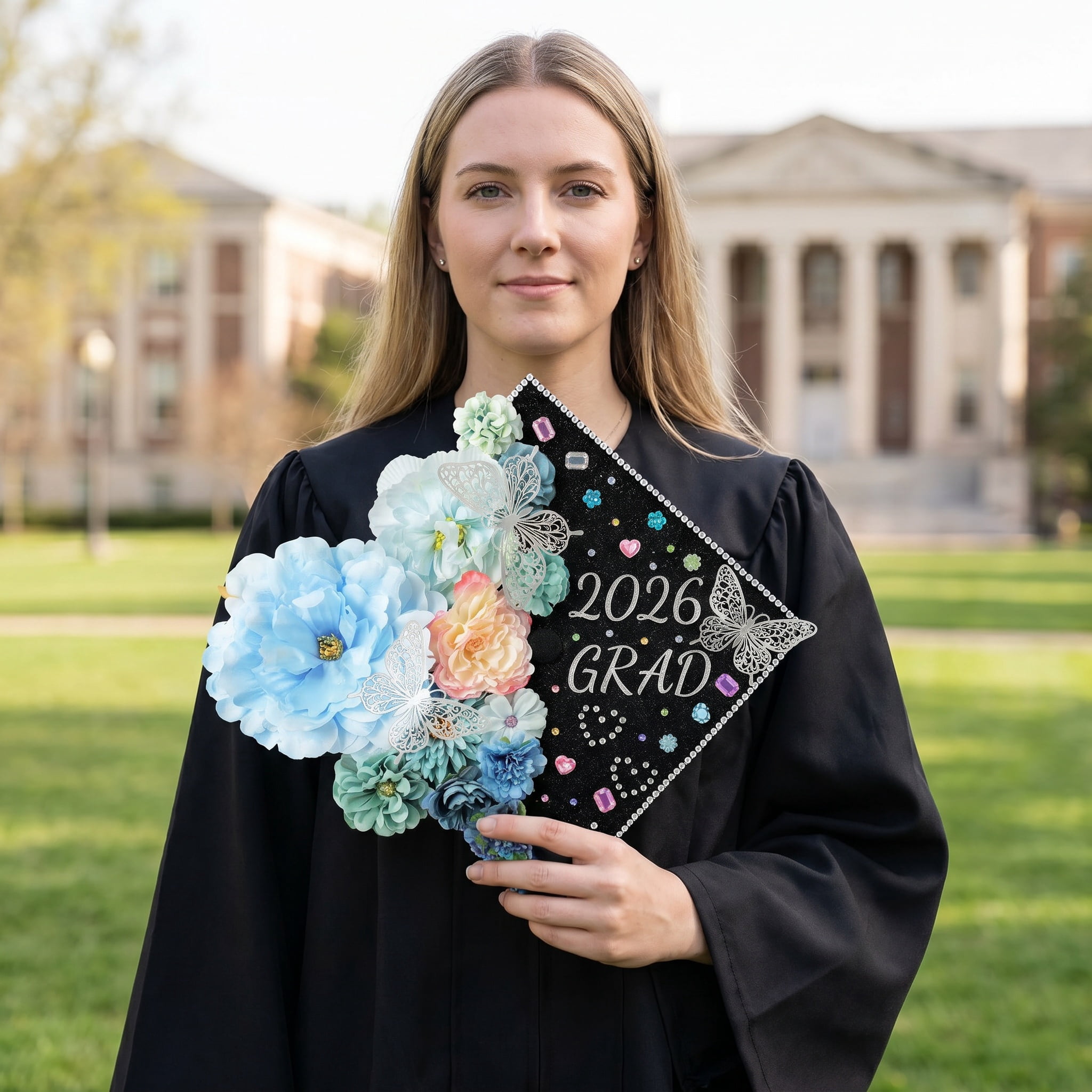 2026 Graduation Cap Decorations Kit, 56 Pcs DIY Grad Cap Topper Set with Artificial Flowers, Bow, 3D Butterflies, Glitter Letters, Rhinestones for High School College Graduation