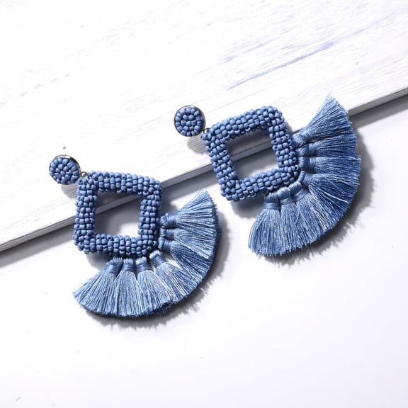 Zhuge Beaded Earrings Oversized Handmade Seed Beaded Drop Earrings Long Beaded Dangle Earrings for Women Ladies (Blue)