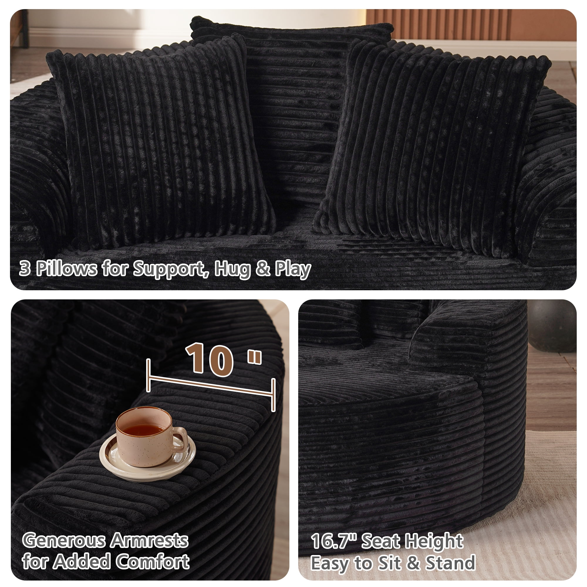 Ovios 58" Oversized Lounge Chair Round Cloud Deep Seat Accent Chair Plush Corduroy Boneless Sofa Chair for Living Room, Black