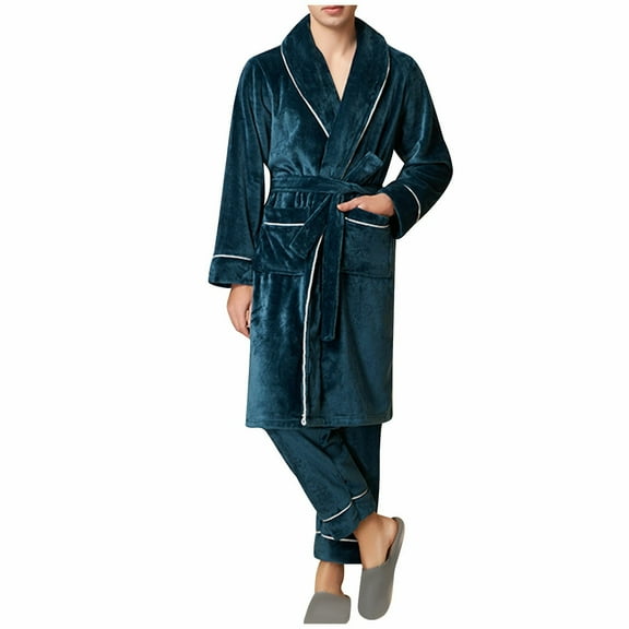 Robes Set for Men Plush Flannel Bathrobe and Pajamas Pants Soft Fleece Knee Length Bathrobe House Coat Sleepwear Sets, Green, XXXL