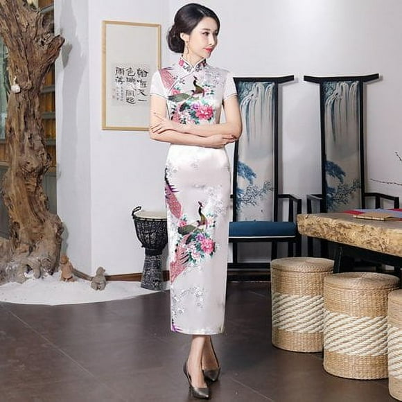 Vestido tradicional chino cheongsam para mujer con abertura por encima de la rodilla