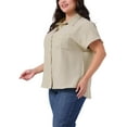 thumbnail image 4 of Agnes Orinda Women's Plus Size Button Down Shirts Lapel Rolled Short Sleeve Split Hem Summer Blouses Causal Tops with Pocket 1X Beige, 4 of 5