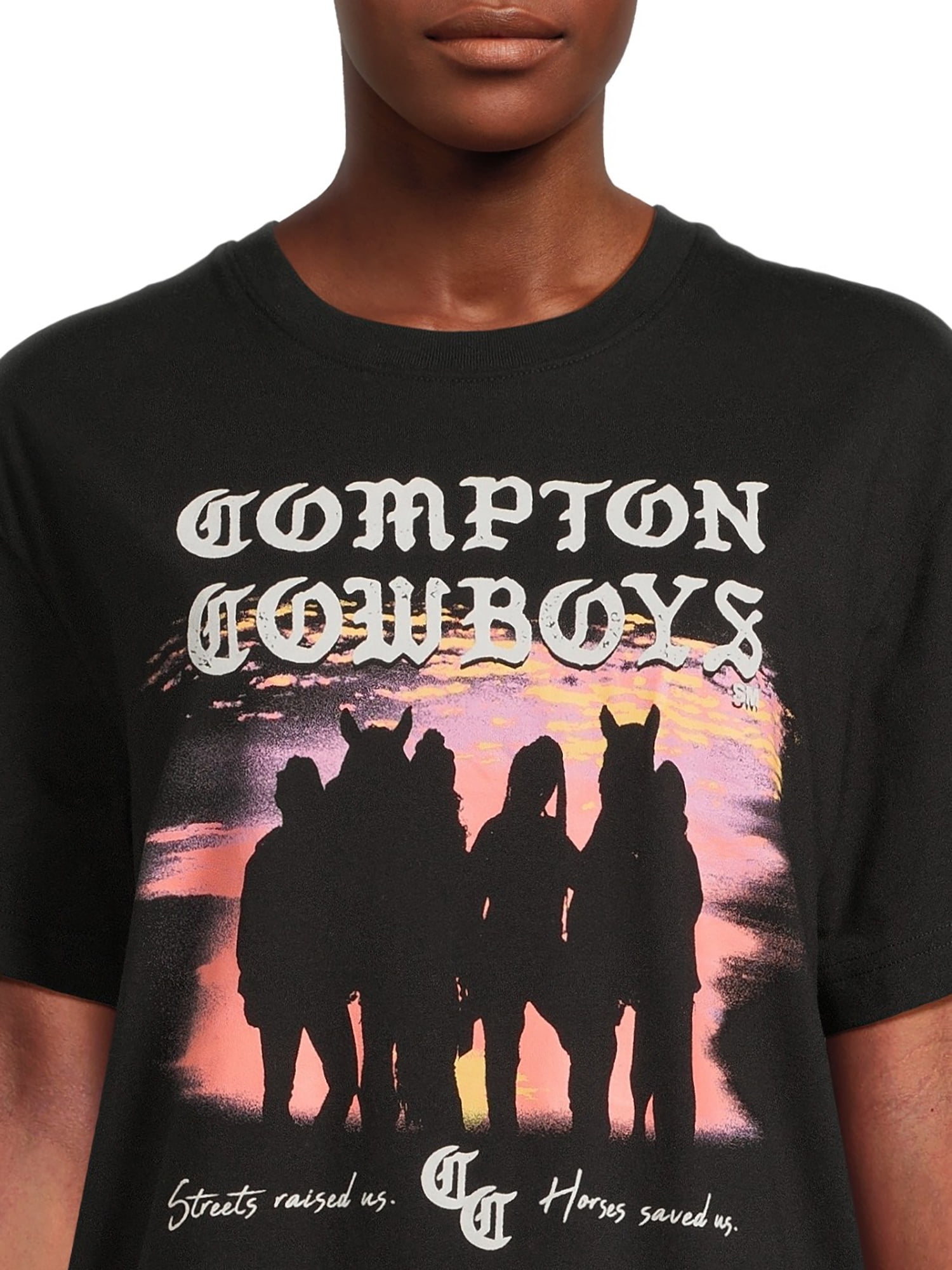 Compton Cowboys Sunset Women's Juniors Graphic Tee with Short Sleeves, Sizes XS-XXXL