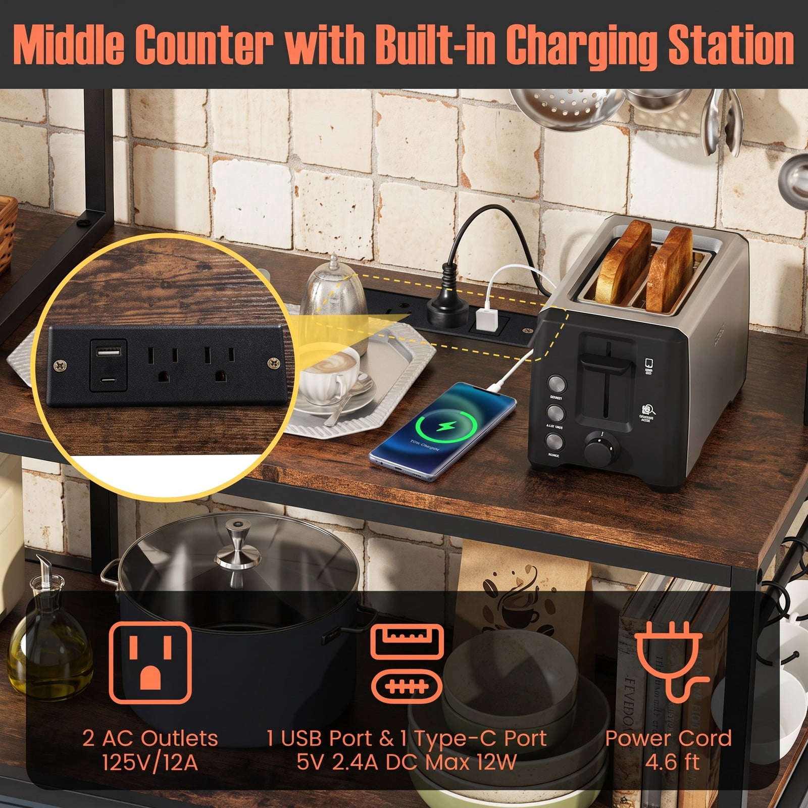 RUIE 5-Tier Kitchen Bakers Rack with Power Outlets, USB & Type-C Charging Station, 10 S-Hooks and Adjustable Feet, Freestanding Metal Microwave Storage, Rustic Brown