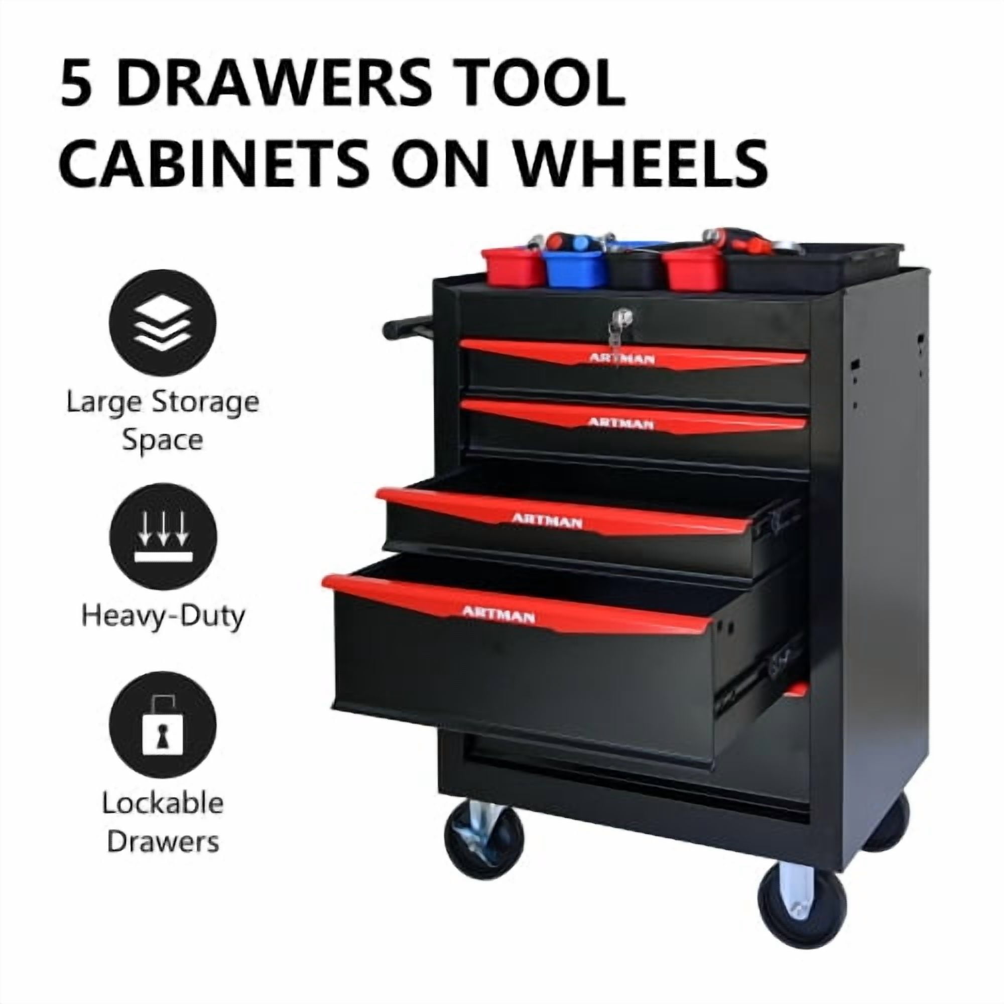 POVANLI 5 Drawer Portable Tool Box With Wheels,20" Tool Chest With Key Locking Tool Boxes/Organizers Black&Red
