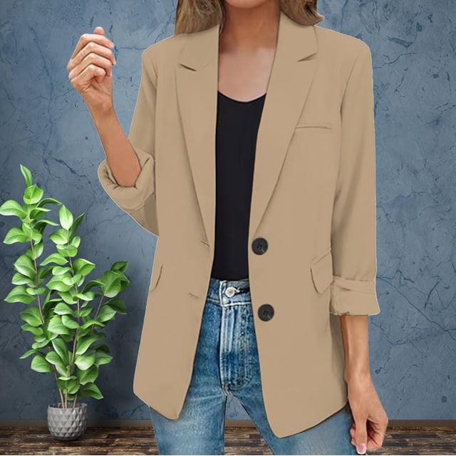 Clearance Sale! Womens Casual Jacket Pockets Long Sleeve Front Button Work Lapel Button Jacket