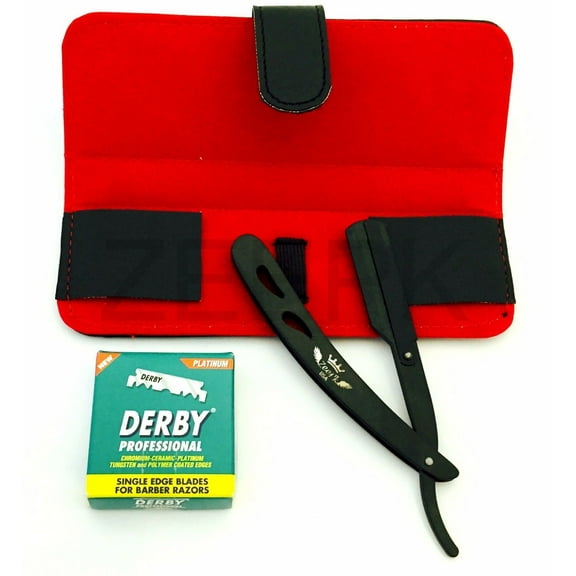 CUT THROAT SWING LOCK STRAIGHT RAZOR, TRAVELING CASE 100 BLADES BLACK MATTE