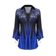 thumbnail image 4 of Spring And Autumn New Printed Lapel Blue Three-quarter Sleeve T-shirt Irregular Cuff Button Top, 4 of 4
