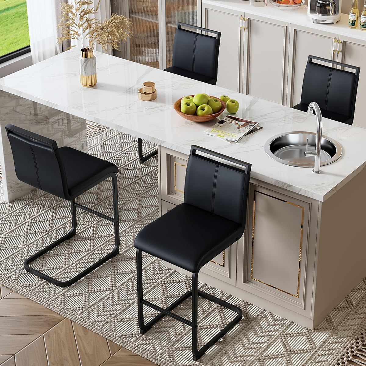 Lecut Counter Height Bar Stools Set of 2, 25" Modern Leather Upholstered Bar Stools with Back and Metal Frame, Kitchen Island Bar Stools for Dining Room, Pub, Bar