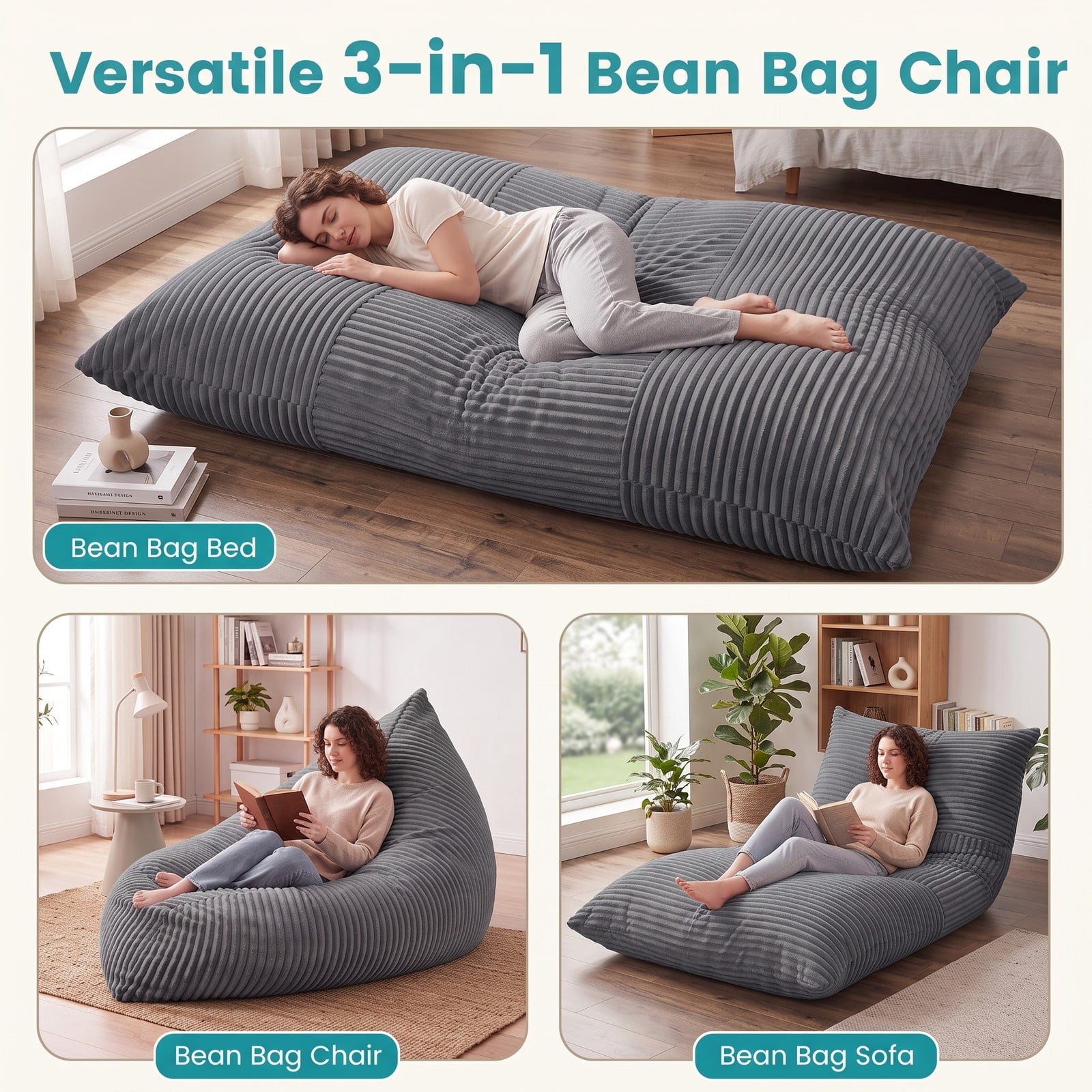 Furnibear 3-in-1 Large Bean Bag Chair, Convertible Corduroy Bed Sofa Lounger with Cozy Sponge Filling and Removable Washable Cover for Dorm Living Room Bedroom, Gray