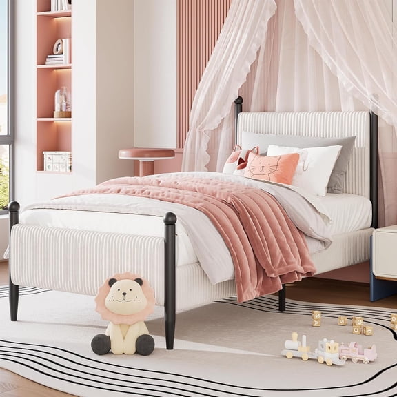 Twin Size Upholstered Bed Frame - with Velvet Headboard, Soft Corduroy Fabric Platform with Wooden Slats Support & Heavy Duty Feet, No Box Spring Needed, Noise Free, Easy Assembly, White