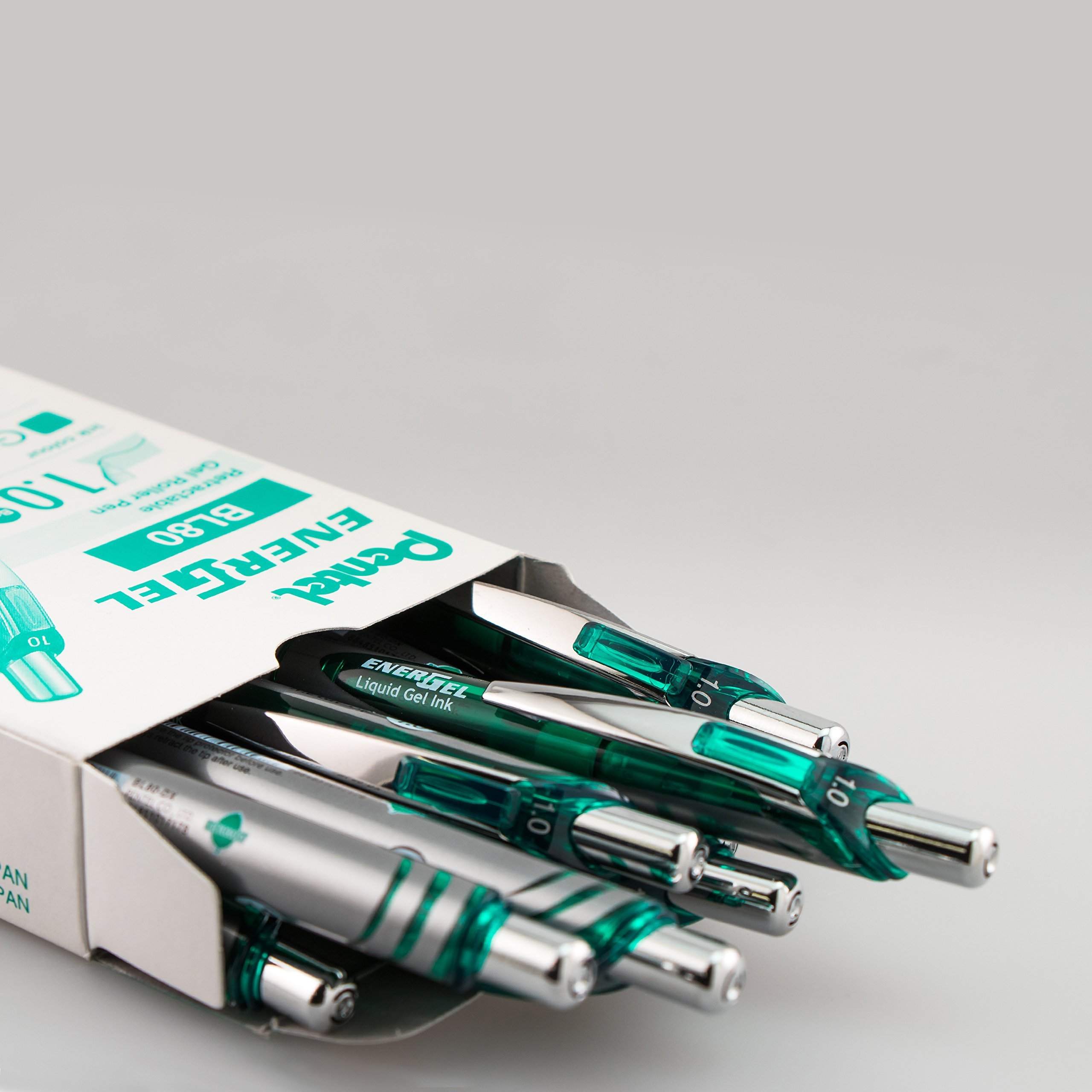 Pentel Gel Ink Pen, Retractable Gel Pen, Bold Point, Metal Tip, Green Ink, Box of 12 (BL80-D) 12 Pack 1.0mm