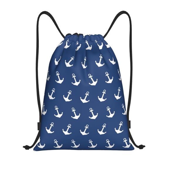 Drawstring Backpack - white anchor darkblue print Splash Proof Small Drawstring Gym Bag for Women Men, Cinch Sports String Bag Backpack for Travel Swimming Beach