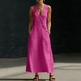 thumbnail image 4 of ZQUUVOU Maxi Dresses for Women Cotton Summer Sleeveless Deep V Button Down Tank Dress with Pocket Casual Boho Beach Vacation Hot Pink, 4 of 8