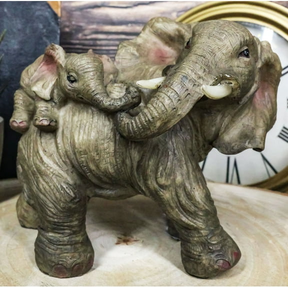 Small Wildlife Elephant Father Piggybacking Playful Calf Figurine 5.25"L