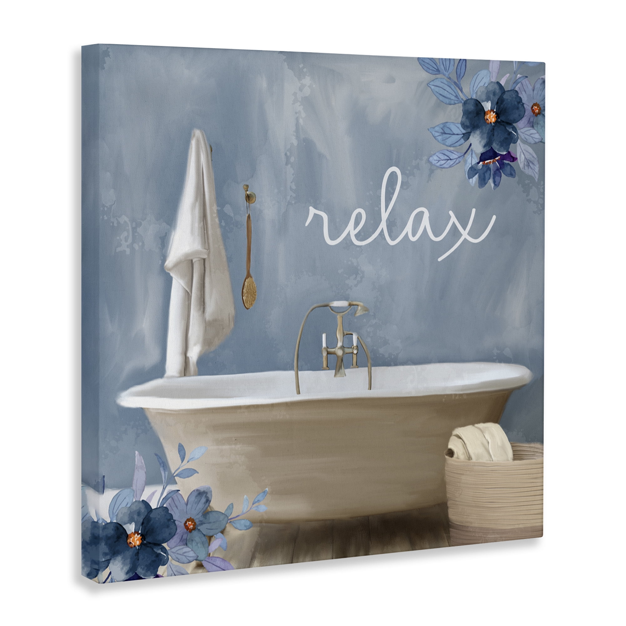 Blue Floral Relax Bathroom Scene Canvas Art, 17 x 17
