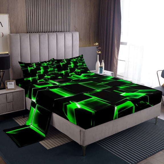Erosebridal Futuristic Cubes Sheet Set Twin,Neon Green Bedding Sets Twin Size,Breathable Bed Sheets Twin,Geometric Room Decorative,3pcs