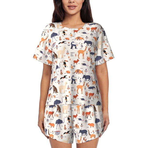 Fotbe South American Animals Conjunto de Pijama Estampado para Mujer, 2 Piezas, Ropa de Dormir con Camiseta de Manga Corta y Shorts Suaves-Medium