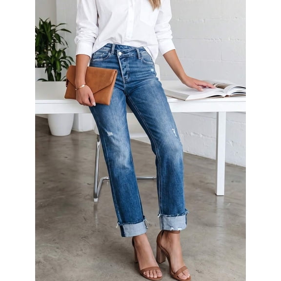 Womens High Waisted Straight Leg Jeans Dark Wash Ripped Distressed