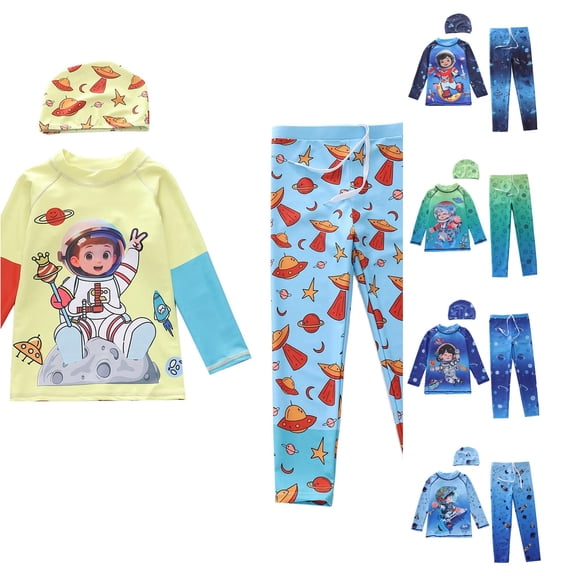 Rggeeun Baby Boys Swimsuit Set Cartoon Print Ankle Length High Elasticity with Adjustable Tie Trunks & Long Sleeve Crew Neck Top with Hat for Summer Holiday Beach Versatile Swim Wear,Beige,4-5 Years