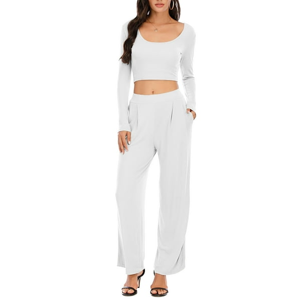 2PCS Women Tracksuit Set Crop Tops Pants Slim Fit Loungewear Yoga Gym Sport  Suit